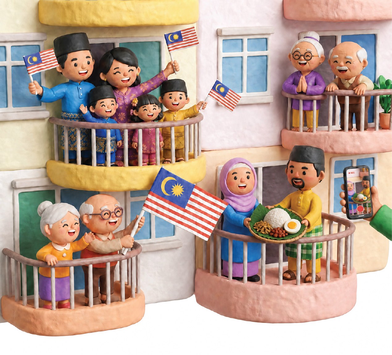 Illustration of condo residents on their balconies waving Jalur Gemilang, sharing food and filming a video.